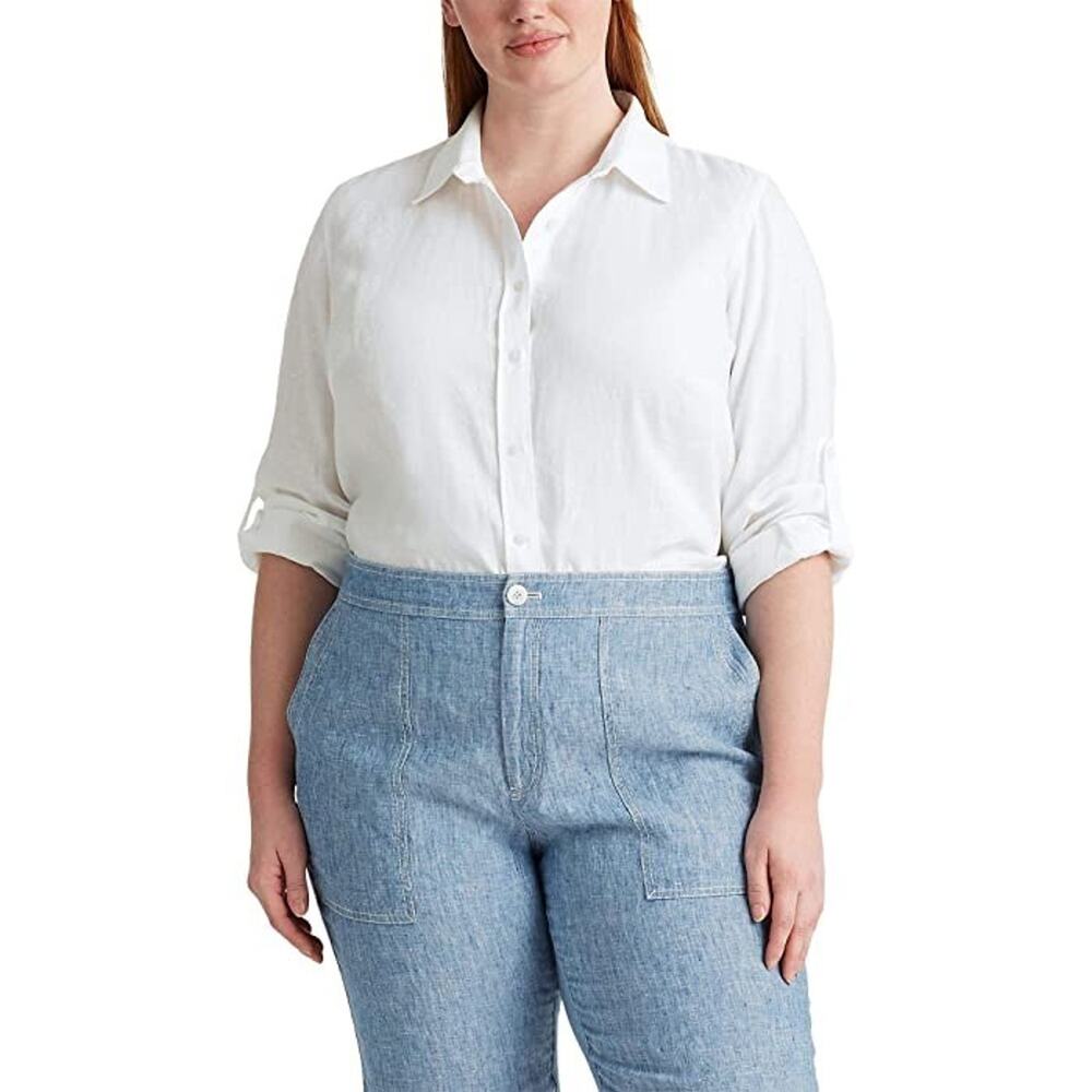 Lauren Ralph Lauren Plus Size Roll-Tab Shirt White Size 2X 3294